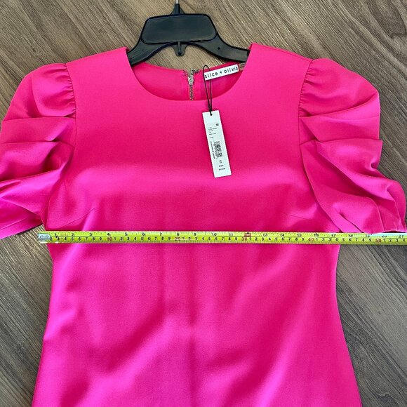 NWT RARE FIND! Alice + Olivia Hot Fuschia Pink Puff Sleeve Mini Dress Size 10 - Picture 4 of 7